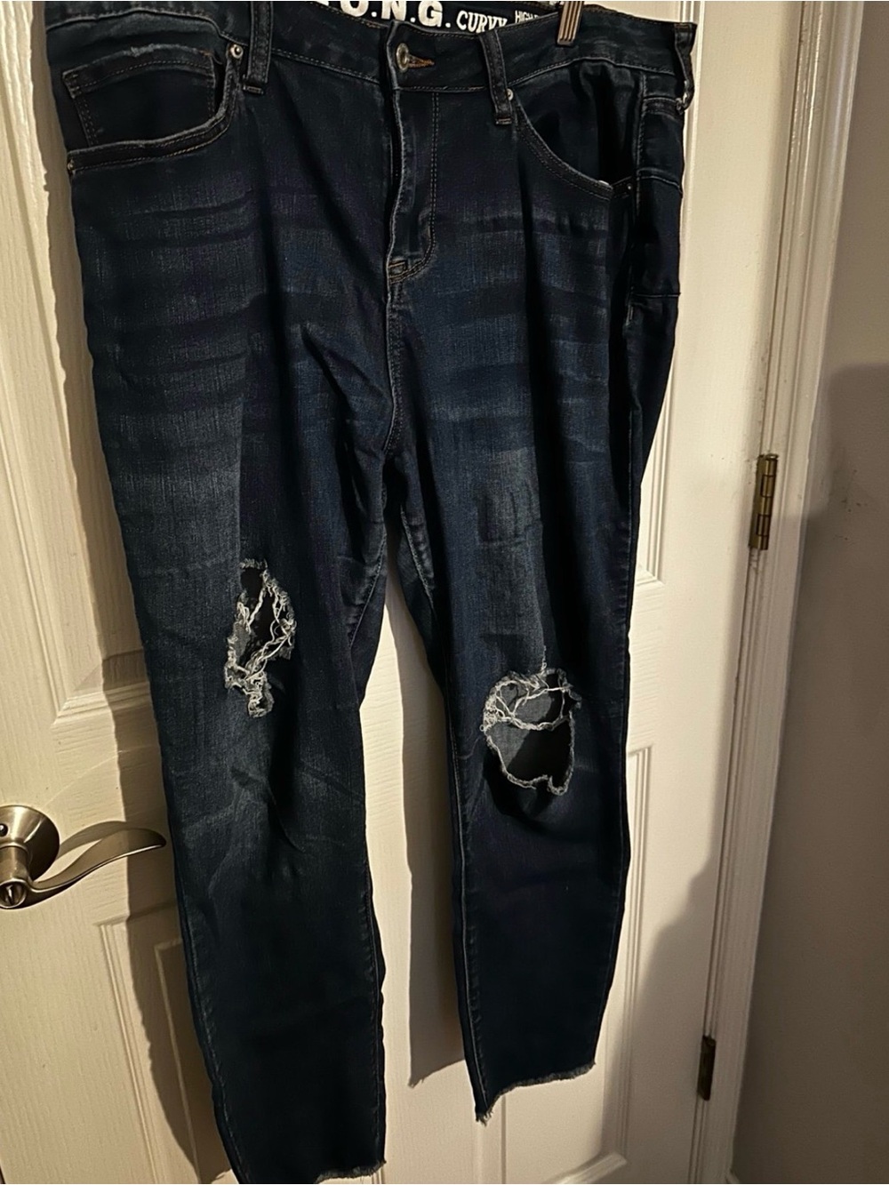 S.O.N.G. Curvy High Rise Distressed Jeans Size 15/32 Dark Wash Raw Hem